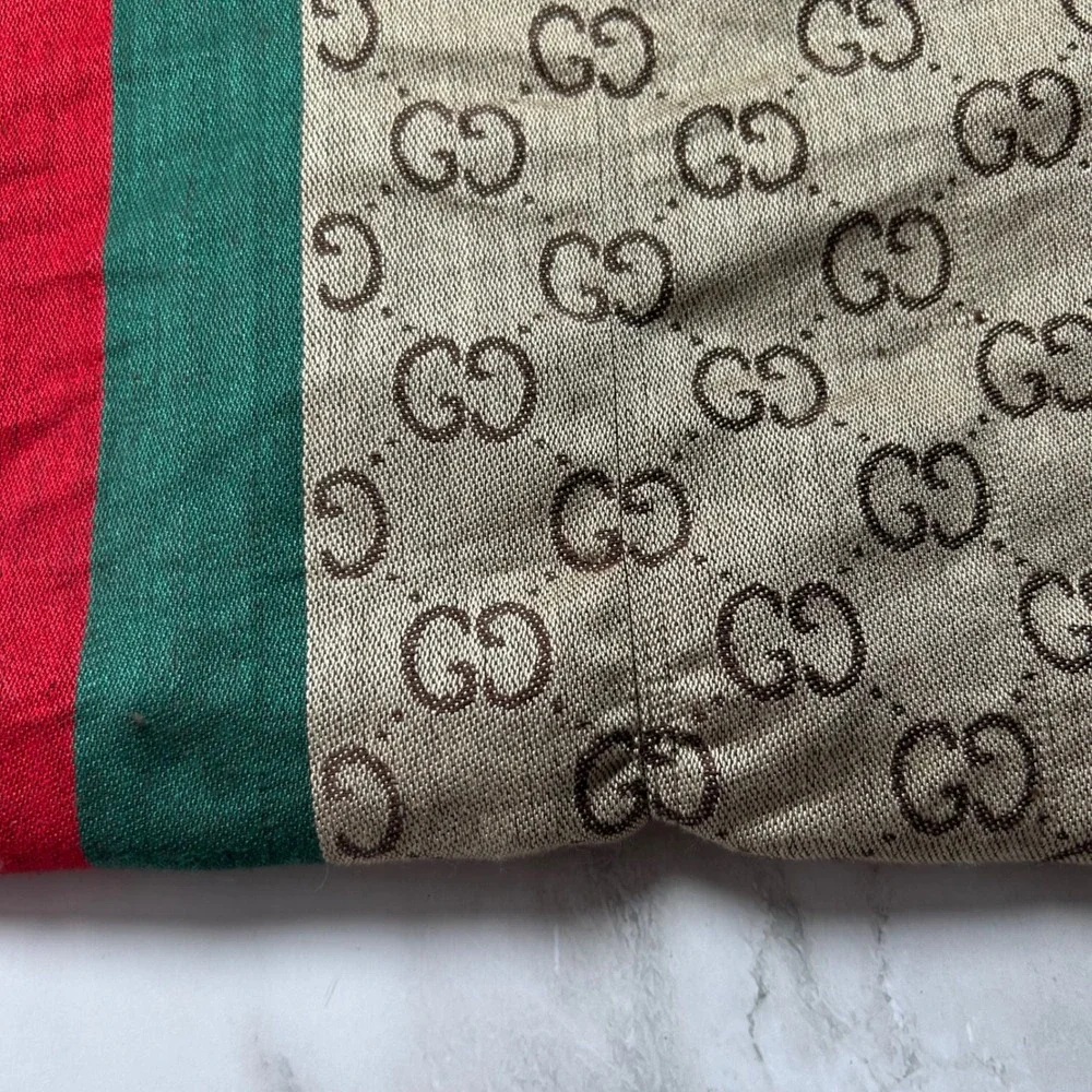 Gucci GG Monogram Web Stripe Scarf Beige Brown Green Red Fringed Made in Italy
